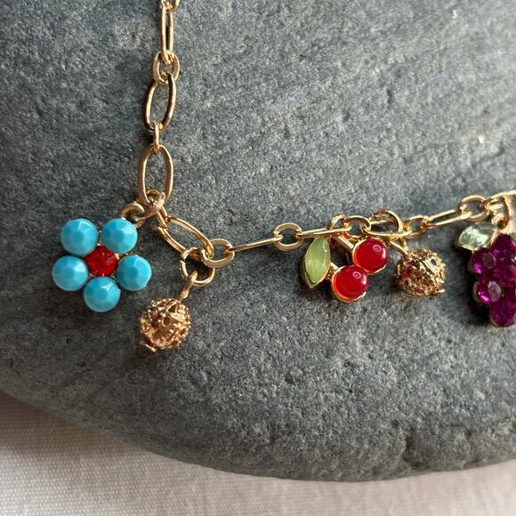 Fruity Charm Bracelet Rhinestones Enamel on Gold Paperclip Chain Dainty NEW Cute - Picture 5 of 7